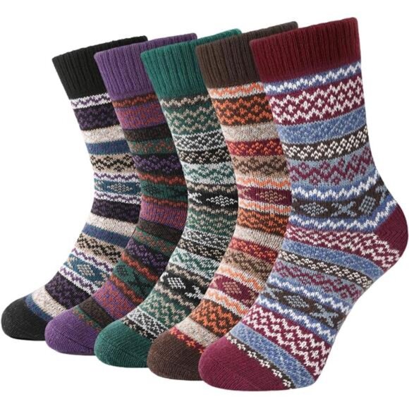 Accessories - Womens Wool Socks 5 Pairs Winter Warm Thick Knit Wool Soft Vintage Casual Crew